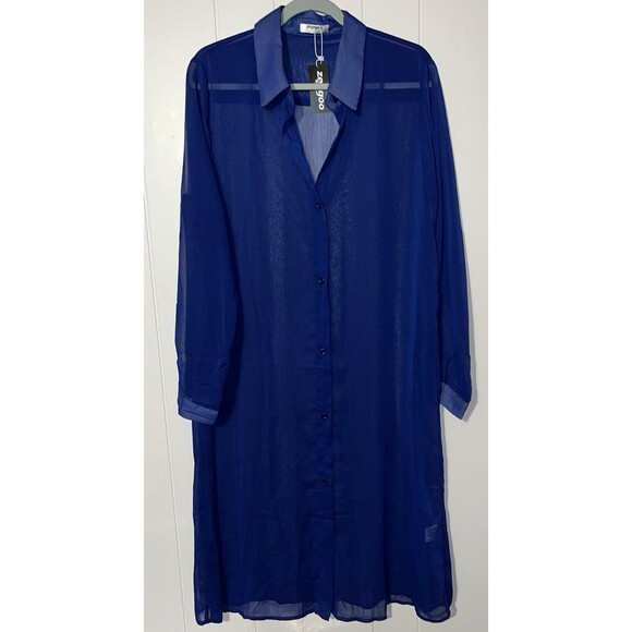 Zeagoo Cobalt Blue Mesh Button Up Shirt/Cover Up Tunic Sz Large Beach Resortwear - Picture 1 of 5